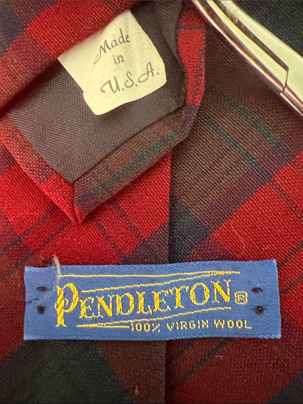 Vintage Pendleton Tie Red Blue Plaid 100% Virgin Wool Made USA 3"